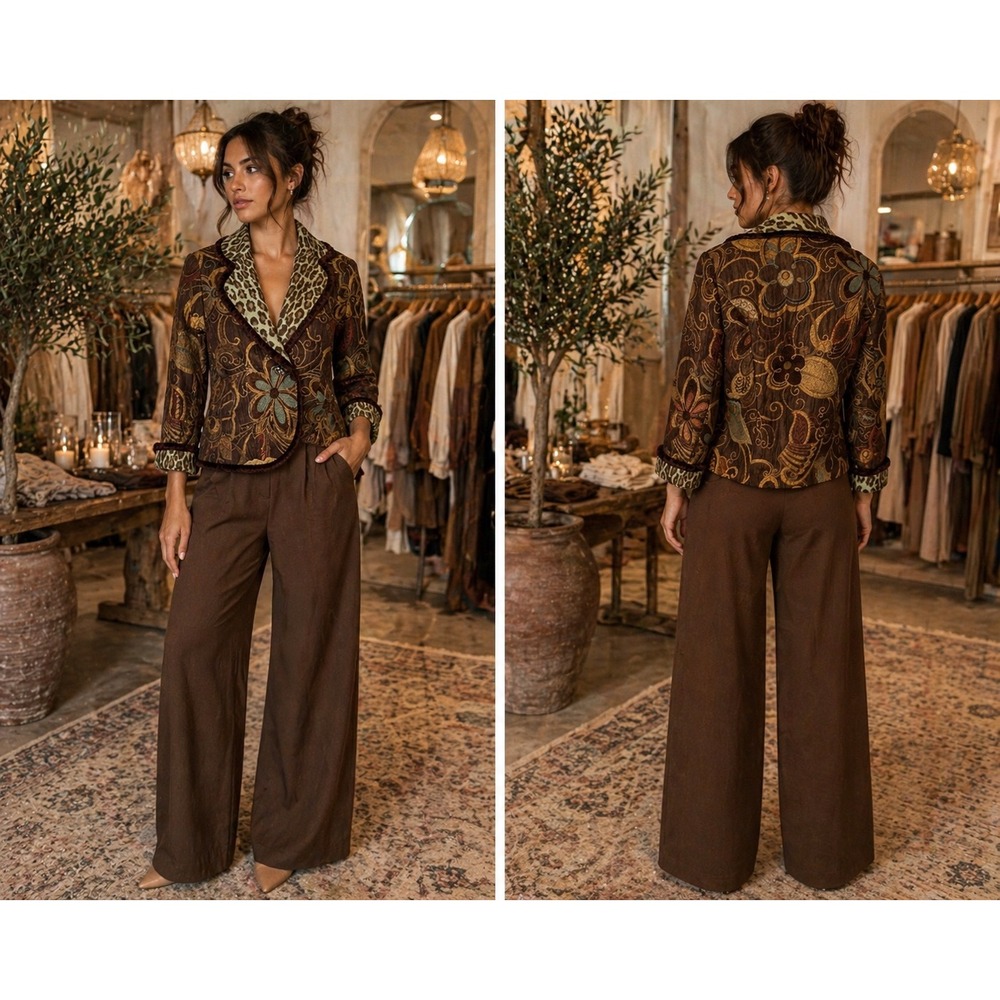 3 Sisters Y2K Vintage Inspired Chic Tapestry Leopard Faux Fur Trim Jacket Medium